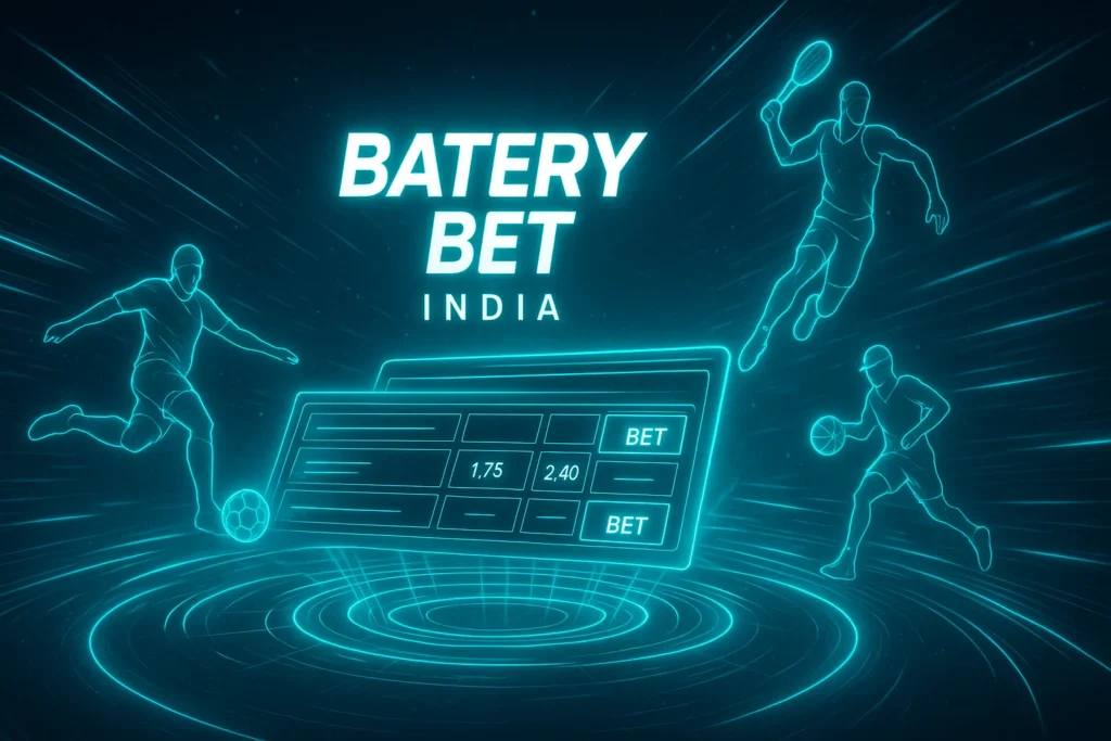Batery Bet India neon-style banner with glowing silhouettes of football, badminton, and basketball players around a digital betting slip showing odds 1.75 and 2.40